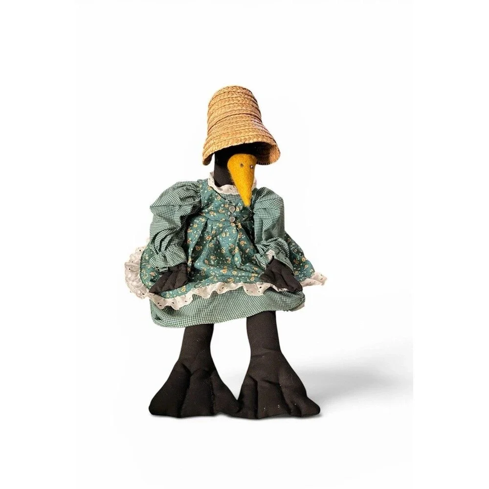 Vintage Primitive Folk Art Crow Doll Straw Hat Floral Dress Gingham 21